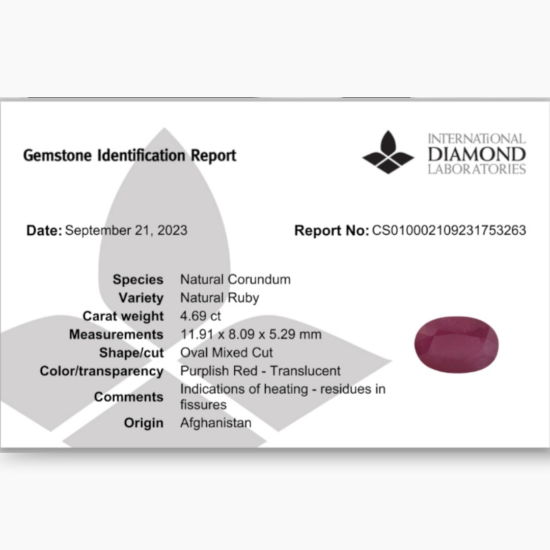 Buy Natural Ruby Oval , 4.69 Carats IDL Certified Afghanistan