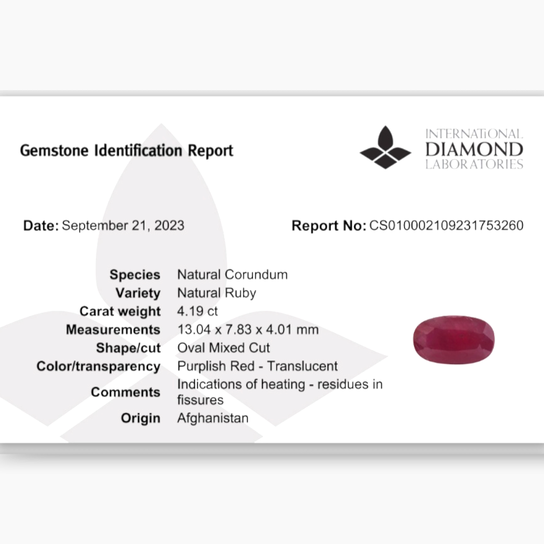 Natural Red Ruby Oval Cut 4.19 Carats, Afghan Origin - IDL Certified