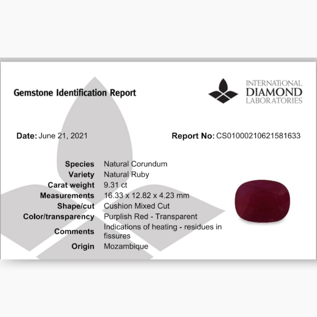 Natural Ruby Cushion Cut 9.31 Carats, Mozambique Origin - IDL Certified