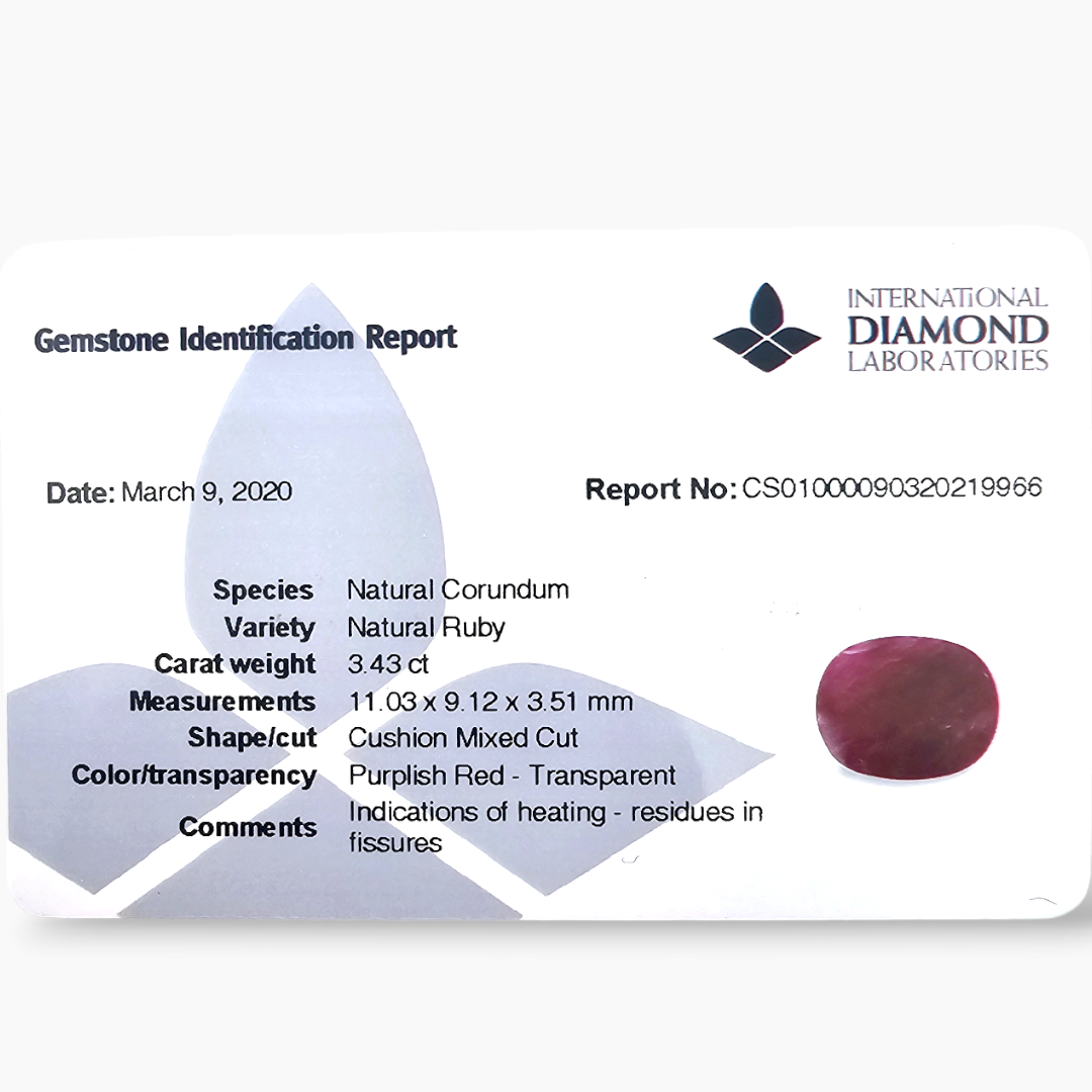 Majestic 3.43 Carat Cushion Cut Natural Ruby from Mozambique - IDL Certified