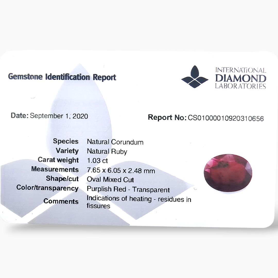 Elegant 1.03 Carat Oval Cut Natural Pink Ruby from Mozambique - Certified by IDL