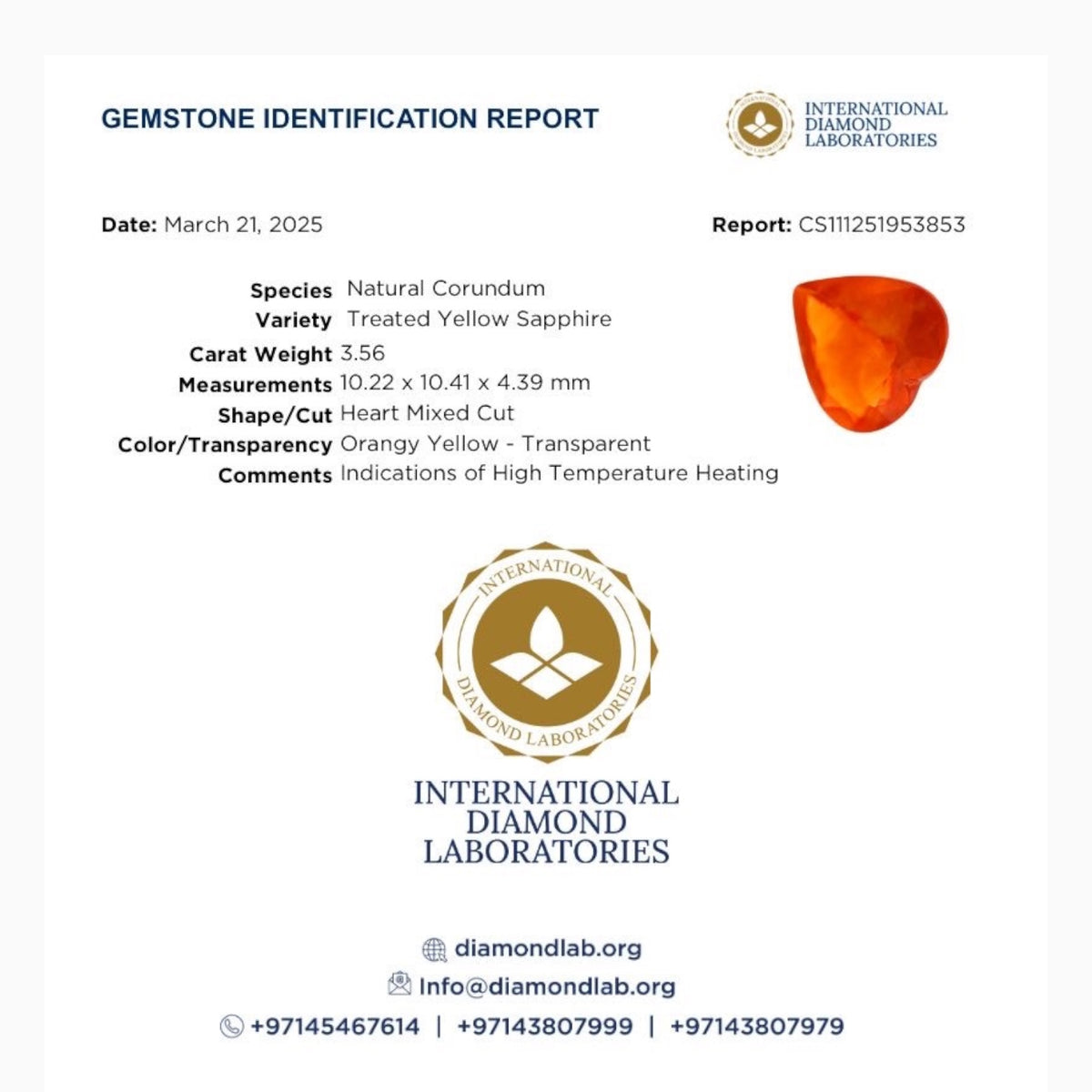 Orange Sapphire Heart Shape 3.56 Carats 10.22 x 10.41 x 4.39 mm