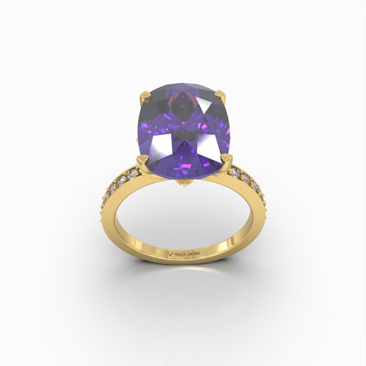 Alexandra - Royal Purple Amethyst Statement Ring in 18K Gold with Sparkling Moissanite Accents