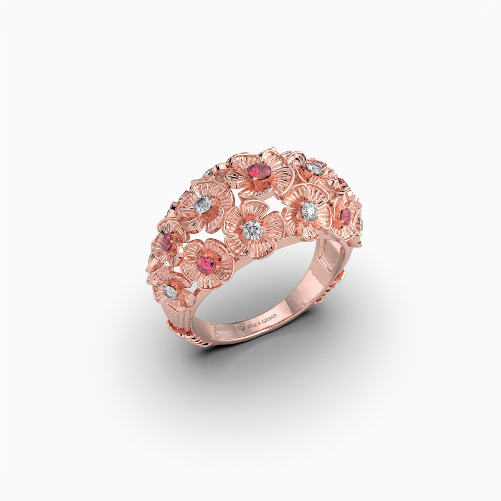 Maddison -  Rose Floral Bouquet Ruby & Moissanite Statement Ring in 18K Gold