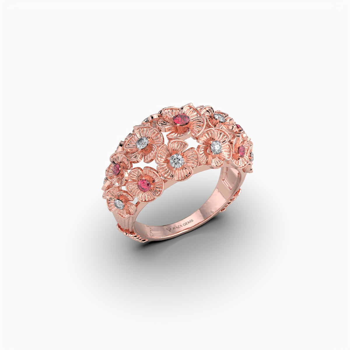 Maddison -  Rose Floral Bouquet Ruby & Moissanite Statement Ring in 18K Gold