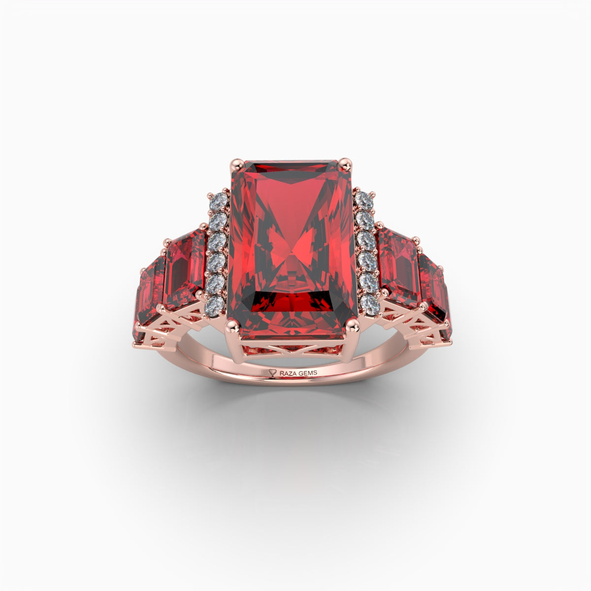 Emma  - Emerald Cut Ruby & Moissanite Graduated Statement Ring in 18K Gold