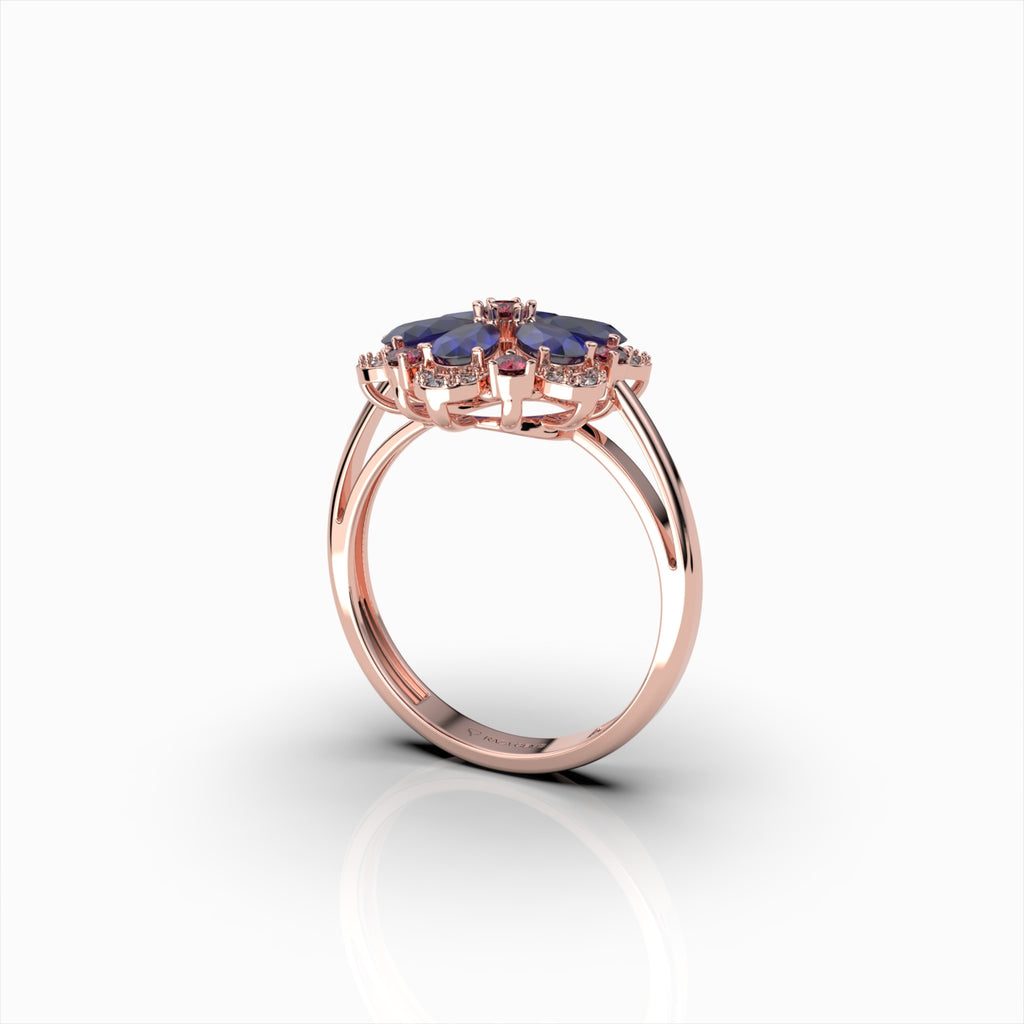 Darcie - Blue Sapphire, Ruby & Moissanite Floral Ring in 18K Gold
