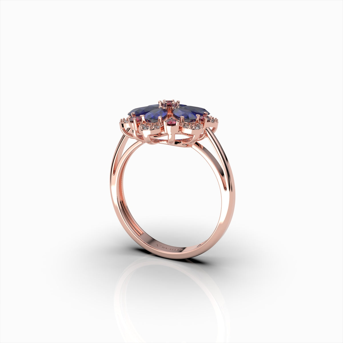 Darcie - Blue Sapphire, Ruby & Moissanite Floral Ring in 18K Gold