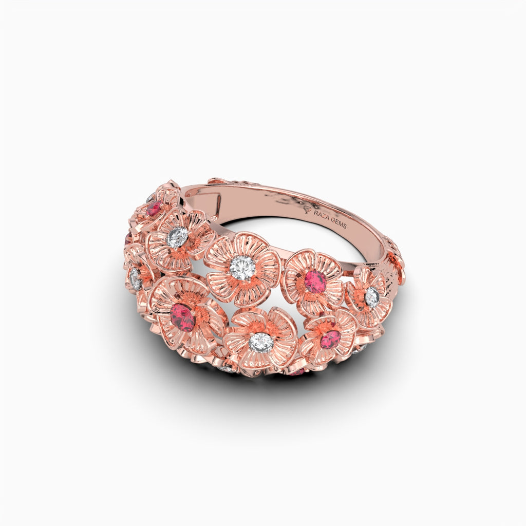 Maddison -  Rose Floral Bouquet Ruby & Moissanite Statement Ring in 18K Gold
