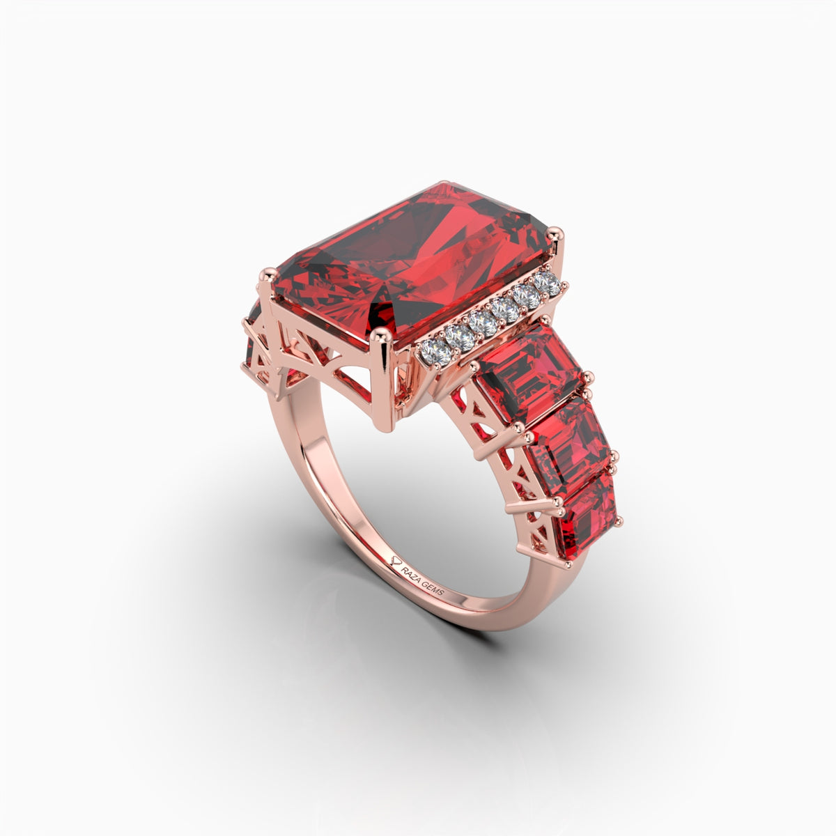 Emma  - Emerald Cut Ruby & Moissanite Graduated Statement Ring in 18K Gold