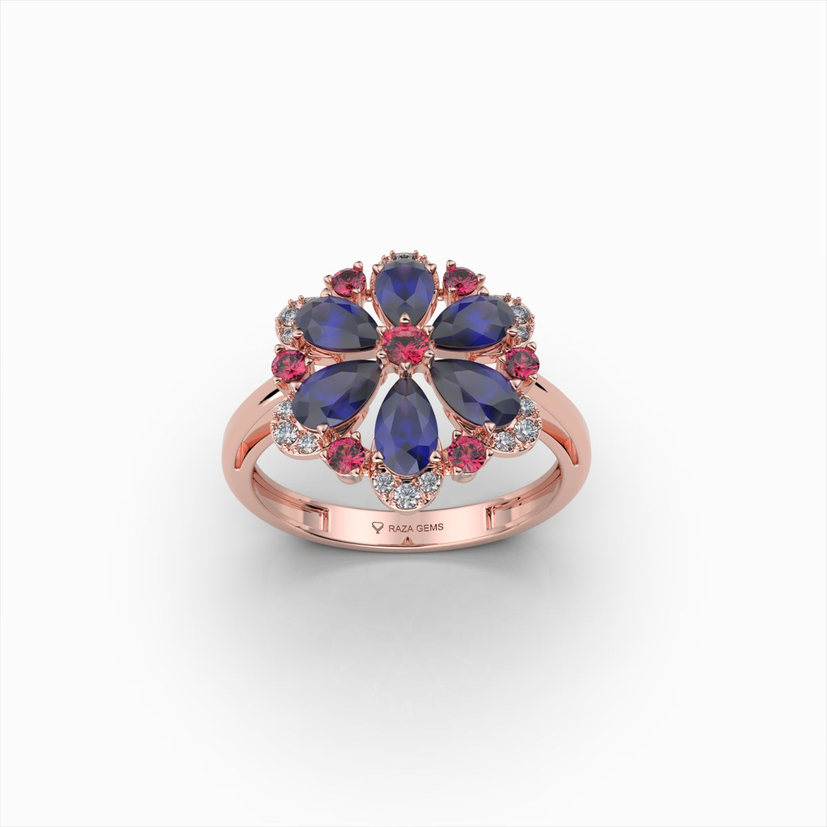 Darcie - Blue Sapphire, Ruby & Moissanite Floral Ring in 18K Gold