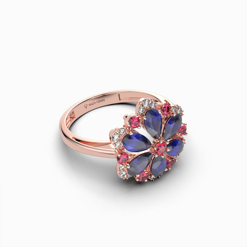 Darcie - Blue Sapphire, Ruby & Moissanite Floral Ring in 18K Gold