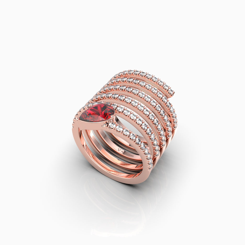 Ariella - Pear Ruby & Moissanite Multi-Band Spiral Ring in 18K Gold