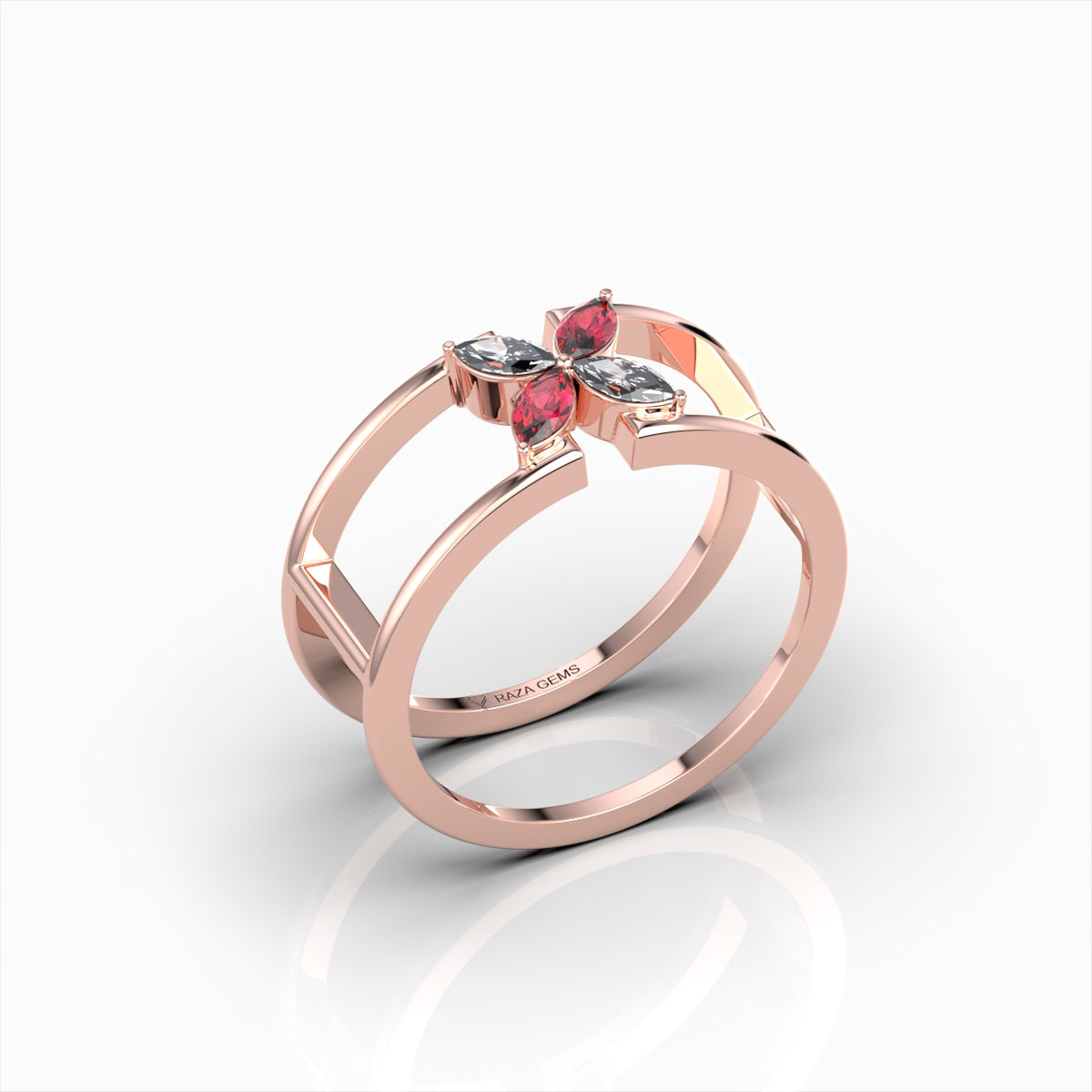 Ottilie - Open Double Band Ruby & Moissanite Blossom Ring in 18K Solid