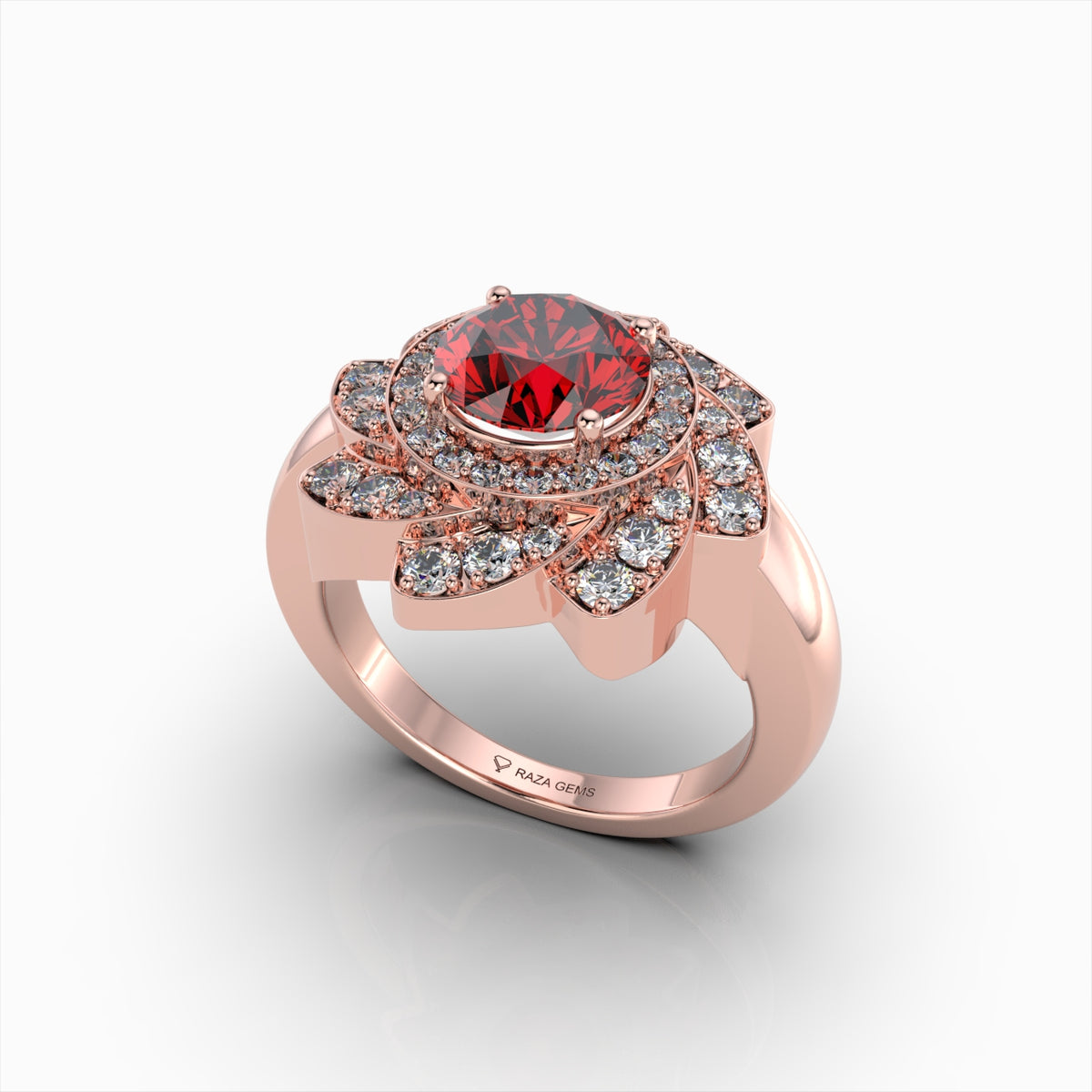 Rosie - 18K Gold Floral Lotus Ruby Ring with Moissanite Halo | Available in Yellow, White & Rose Gold