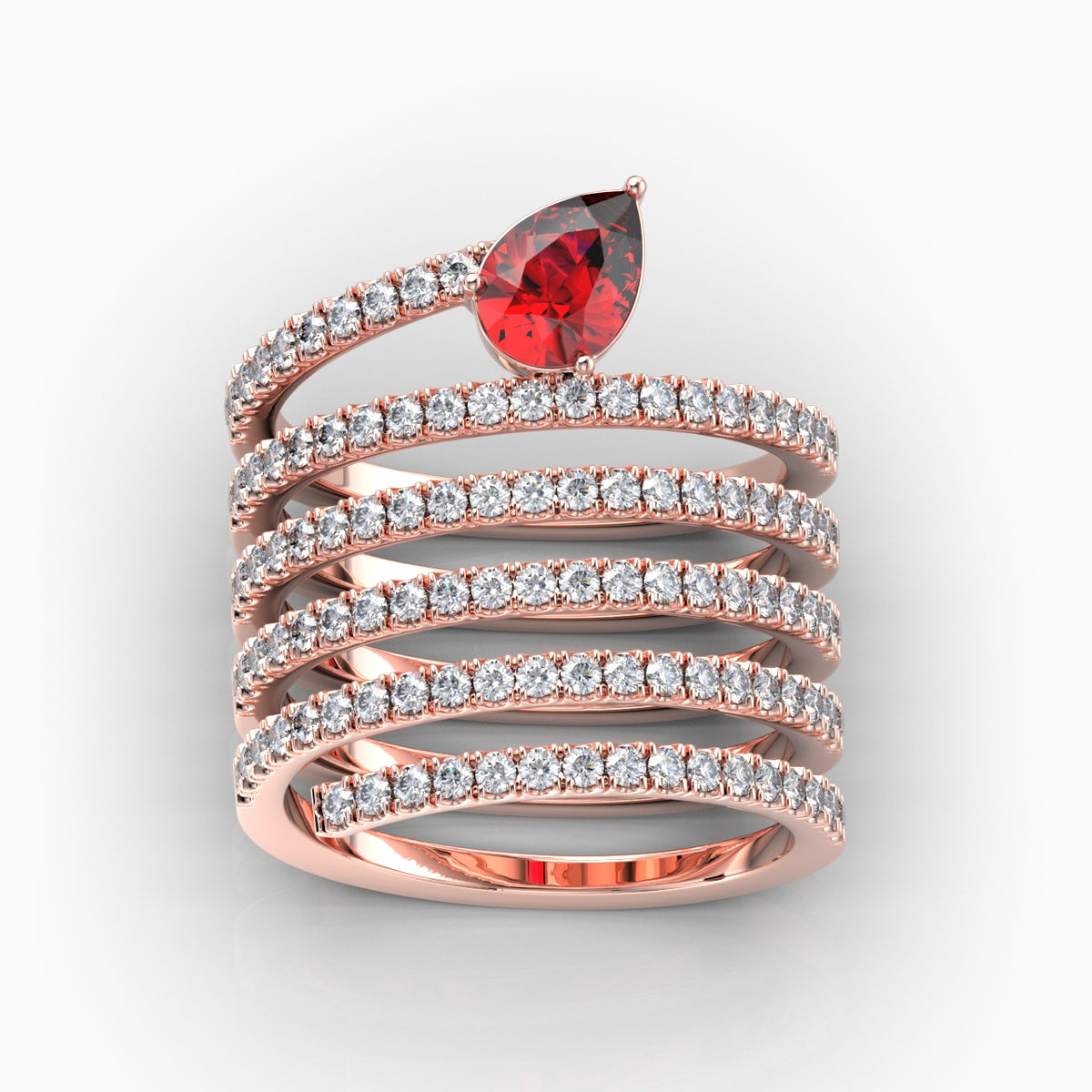 Ariella - Pear Ruby & Moissanite Multi-Band Spiral Ring in 18K Gold