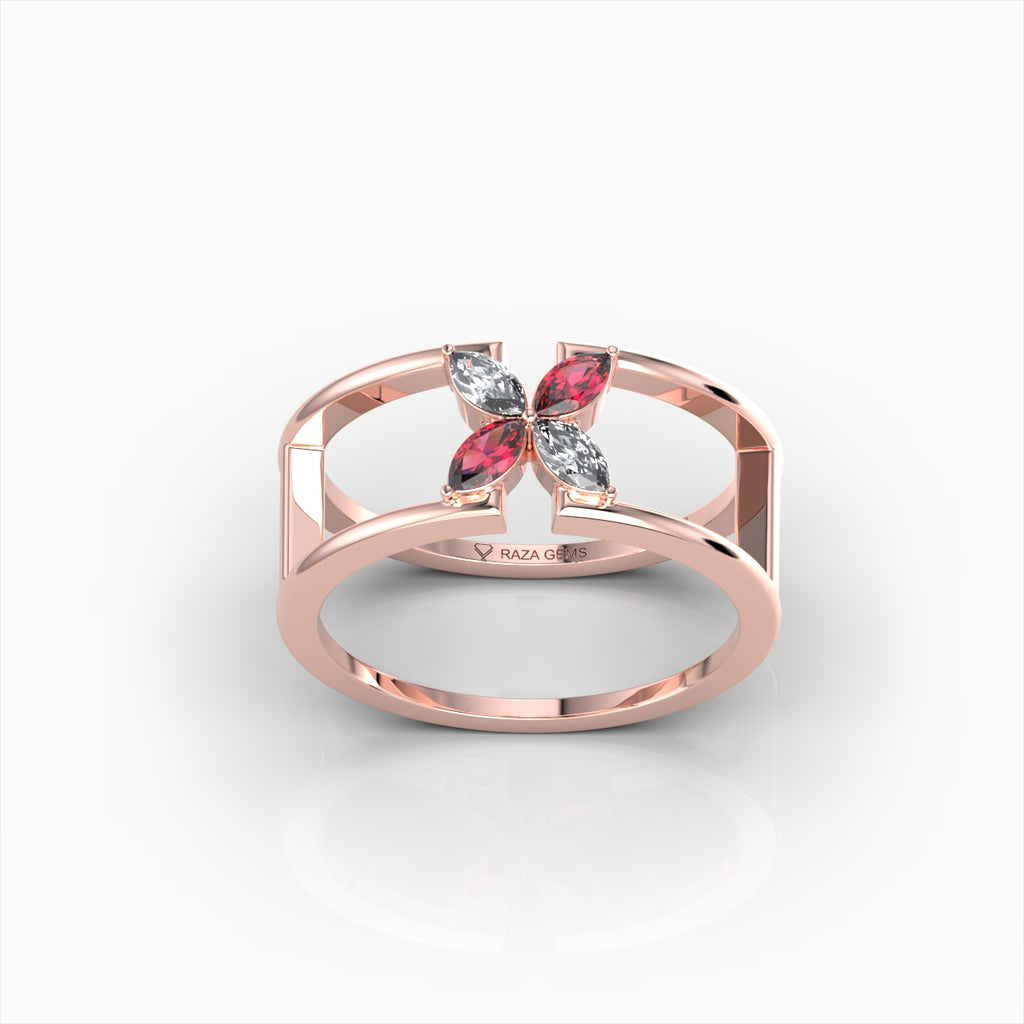 Ottilie - Open Double Band Ruby & Moissanite Blossom Ring in 18K Solid
