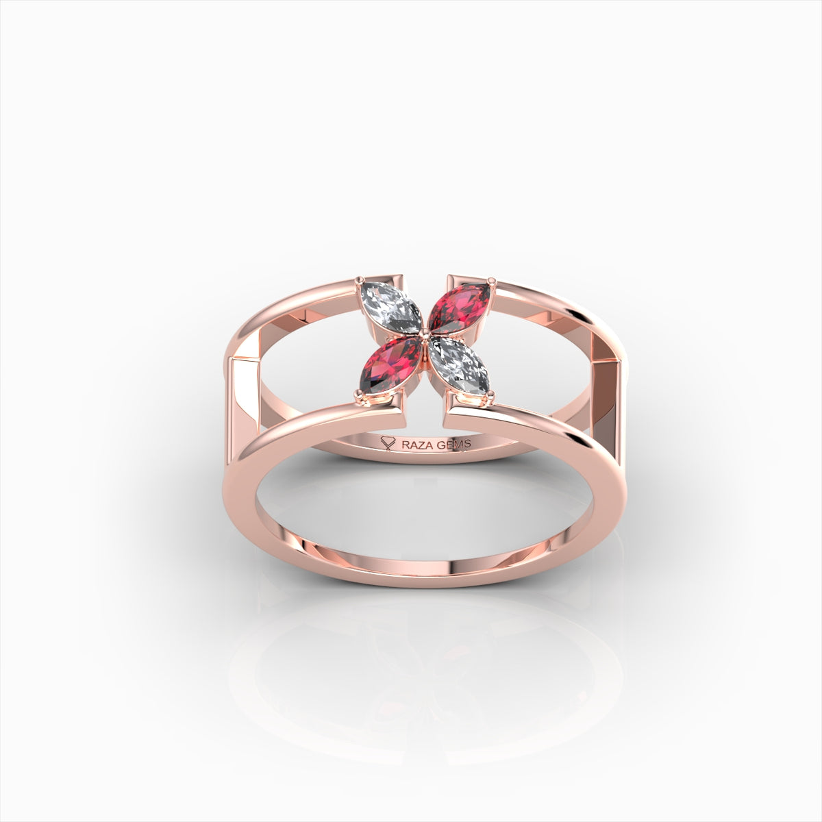 Ottilie - Open Double Band Ruby & Moissanite Blossom Ring in 18K Solid