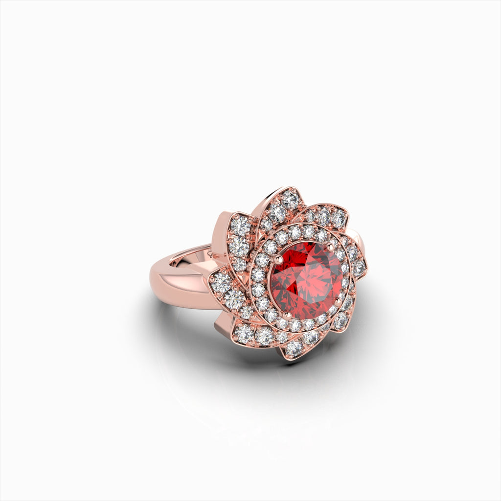 Rosie - 18K Gold Floral Lotus Ruby Ring with Moissanite Halo | Available in Yellow, White & Rose Gold