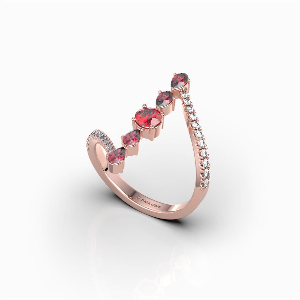 Mia - Modern Pear & Round Ruby Cascade Ring in 18K Solid Gold with Moissanite Accents