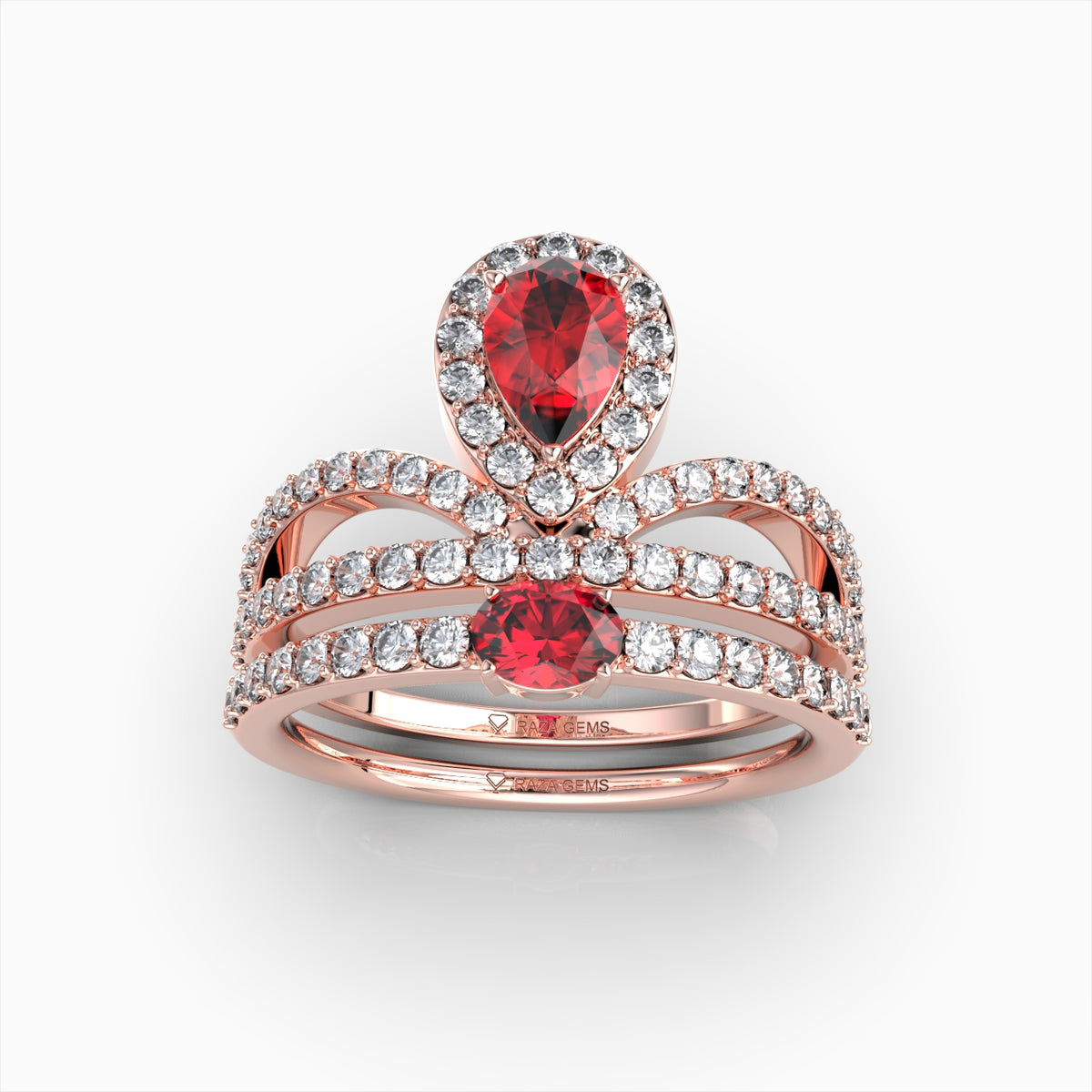 Hattie - Double Focus Pear Ruby Statement Ring in 18K Gold