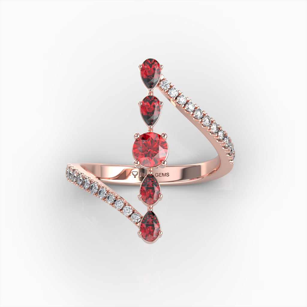 Mia - Modern Pear & Round Ruby Cascade Ring in 18K Solid Gold with Moissanite Accents