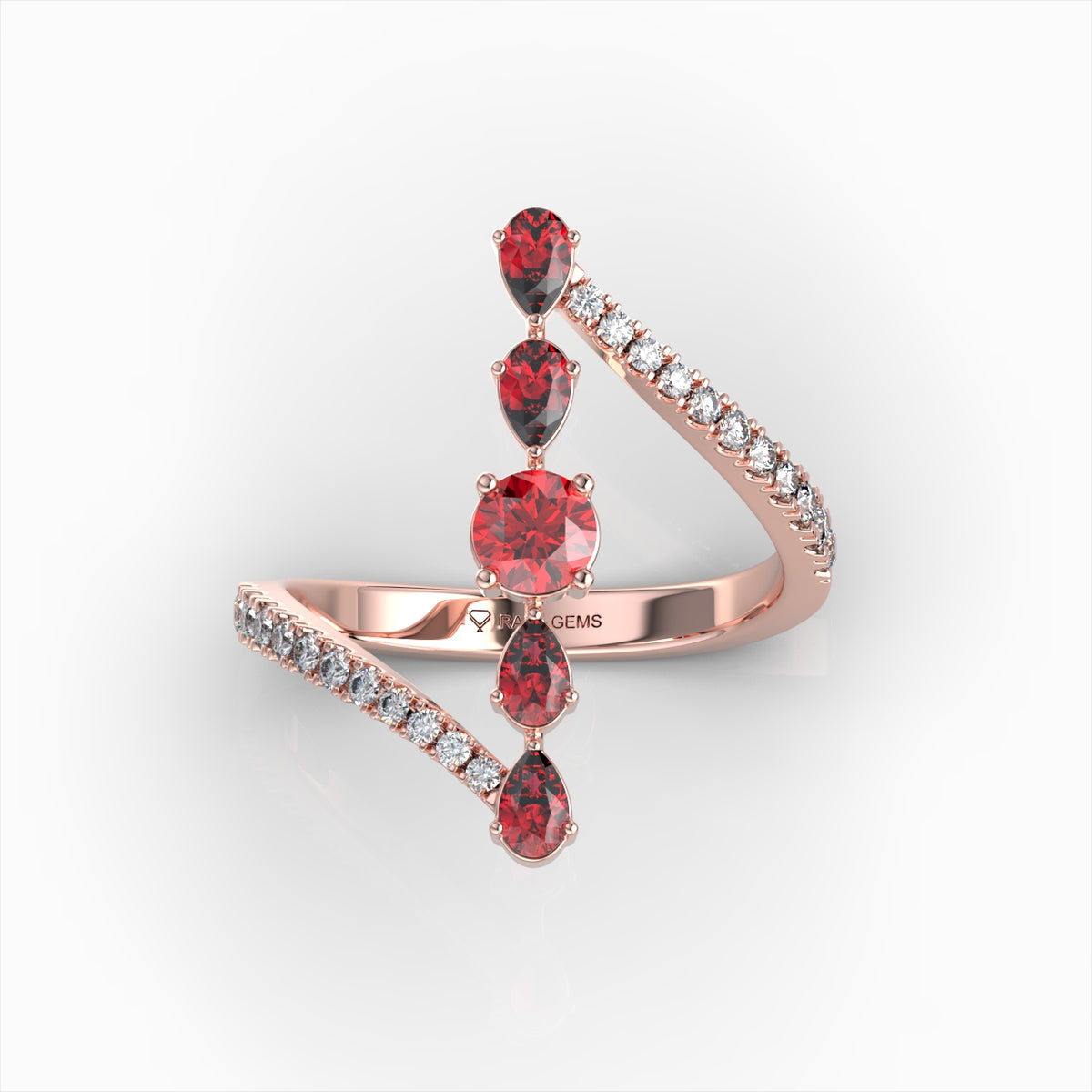 Mia - Modern Pear & Round Ruby Cascade Ring in 18K Solid Gold with Moissanite Accents