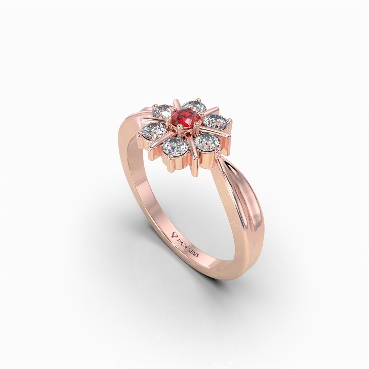 Natural Diamond and Ruby Ring Flower Shape in Gold - Soleil