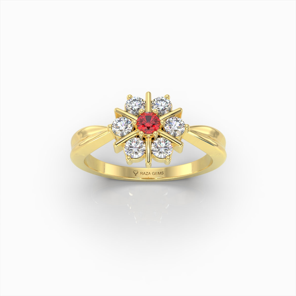 Natural Diamond and Ruby Ring Flower Shape in Gold - Soleil