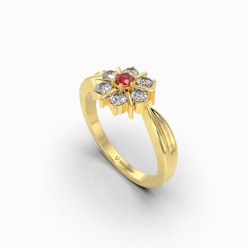 Natural Diamond and Ruby Ring Flower Shape in Gold - Soleil
