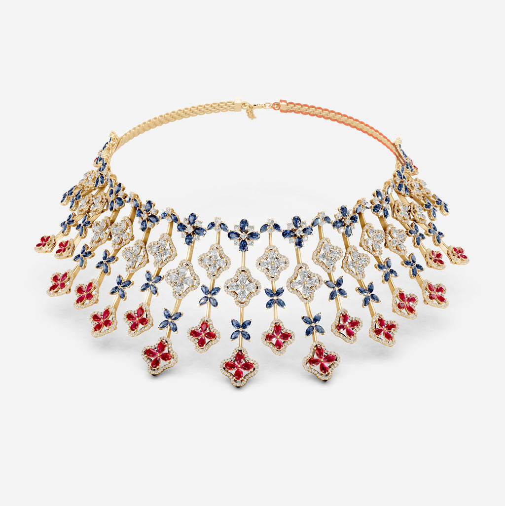 Ruby and Sapphire Necklace with Diamonds in Gold - Ailany
