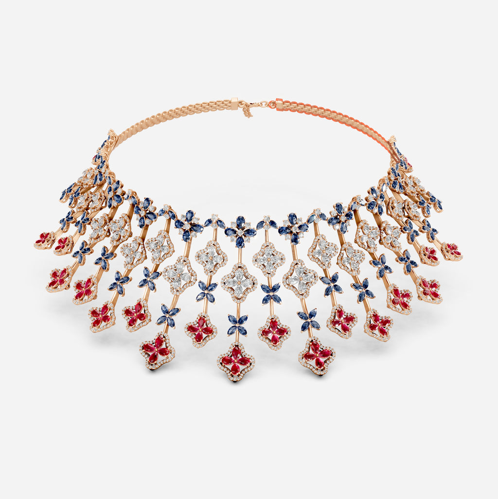 Ruby and Sapphire Necklace with Diamonds in Gold - Ailany