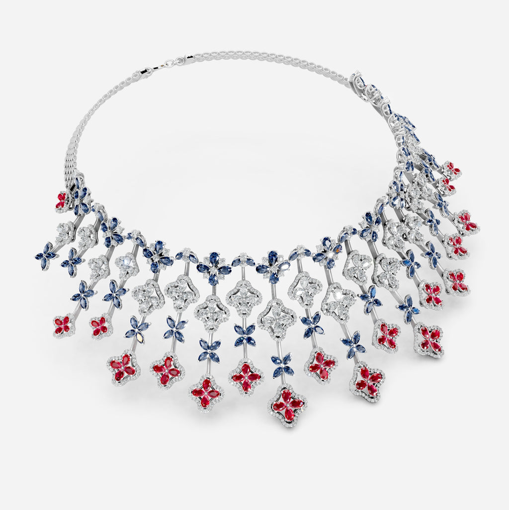 Ruby and Sapphire Necklace with Diamonds in Gold - Ailany