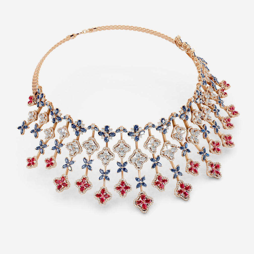 Ruby and Sapphire Necklace with Diamonds in Gold - Ailany