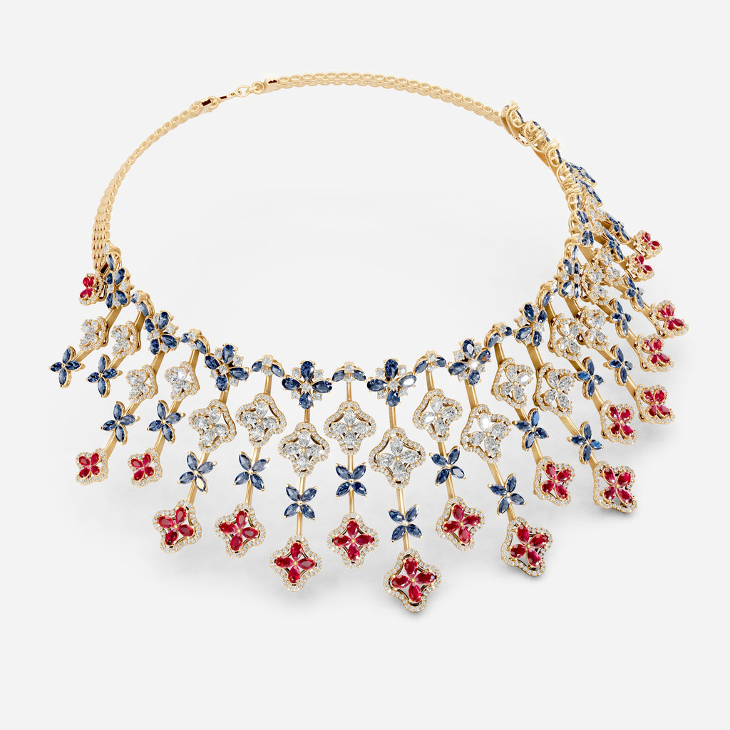 Ruby and Sapphire Necklace with Diamonds in Gold - Ailany