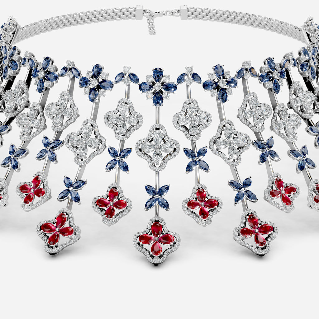 Ruby and Sapphire Necklace with Diamonds in Gold - Ailany