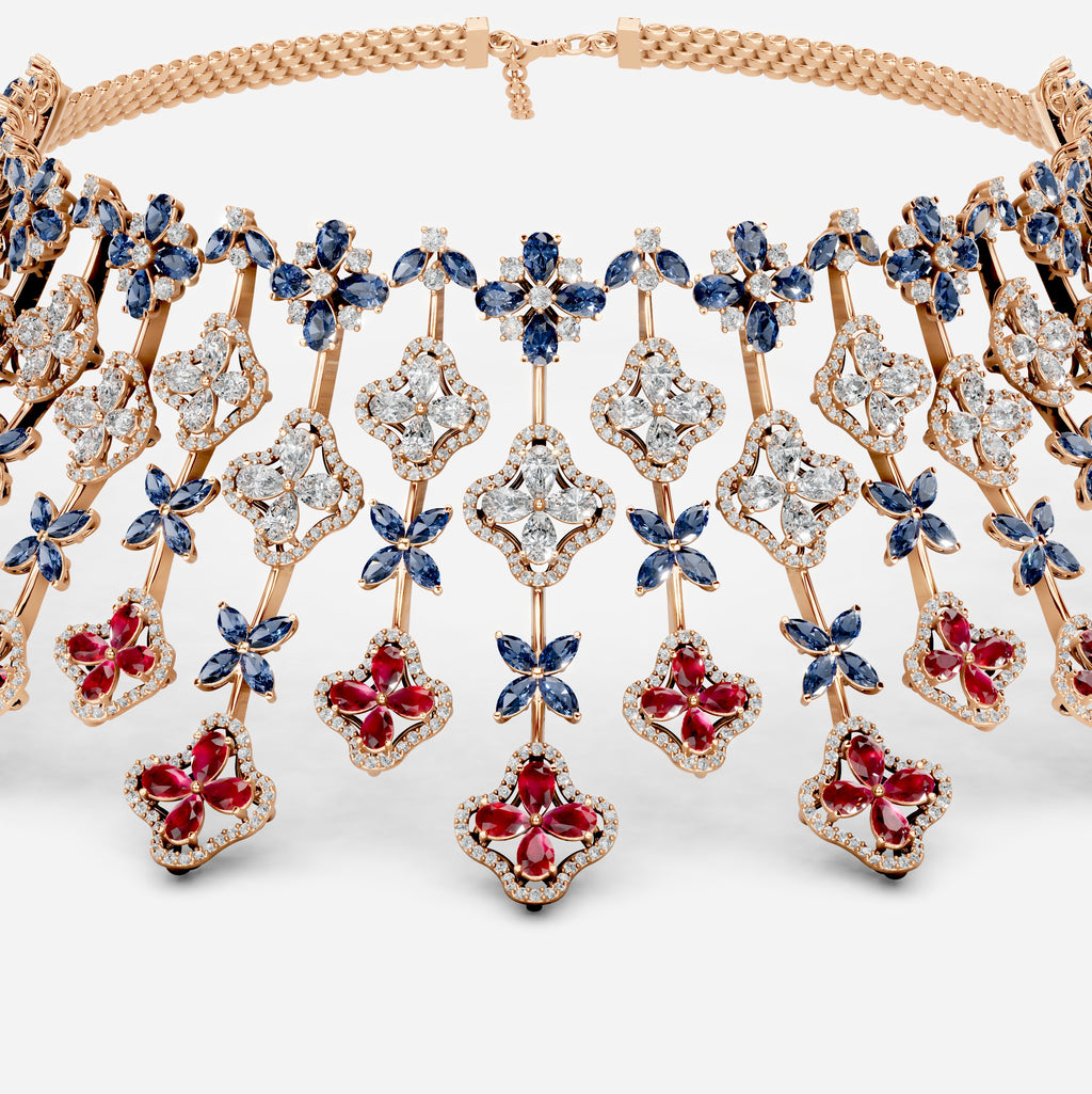 Ruby and Sapphire Necklace with Diamonds in Gold - Ailany