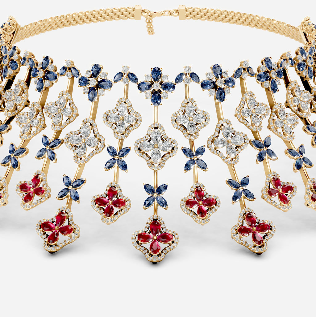 Ruby and Sapphire Necklace with Diamonds in Gold - Ailany
