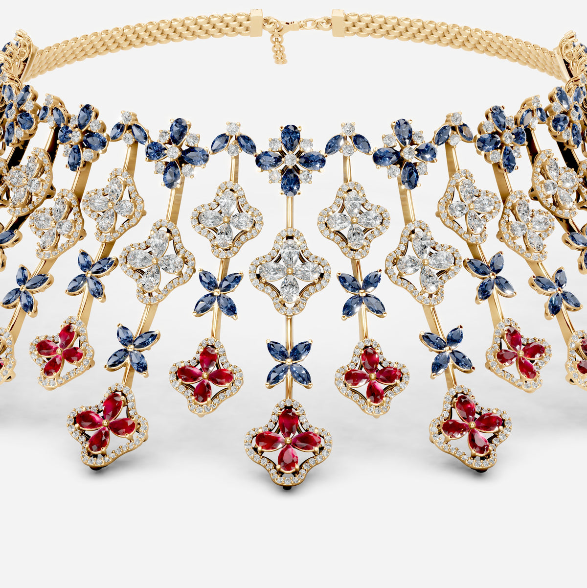 Ruby and Sapphire Necklace with Diamonds in Gold - Ailany