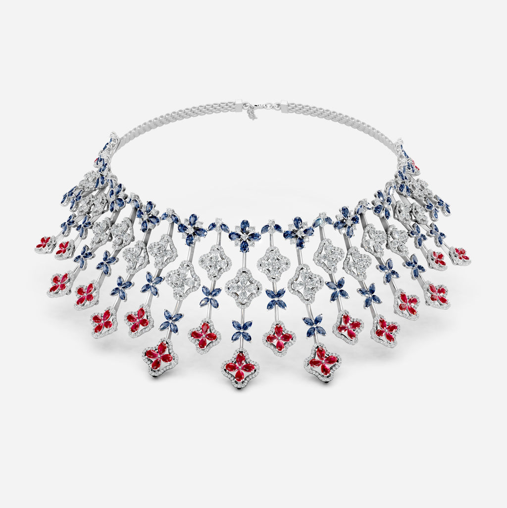 Ruby and Sapphire Necklace with Diamonds in Gold - Ailany