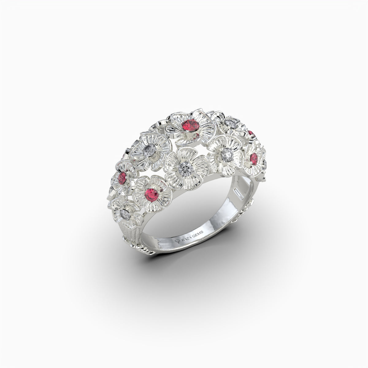 Maddison -  Rose Floral Bouquet Ruby & Moissanite Statement Ring in 18K Gold