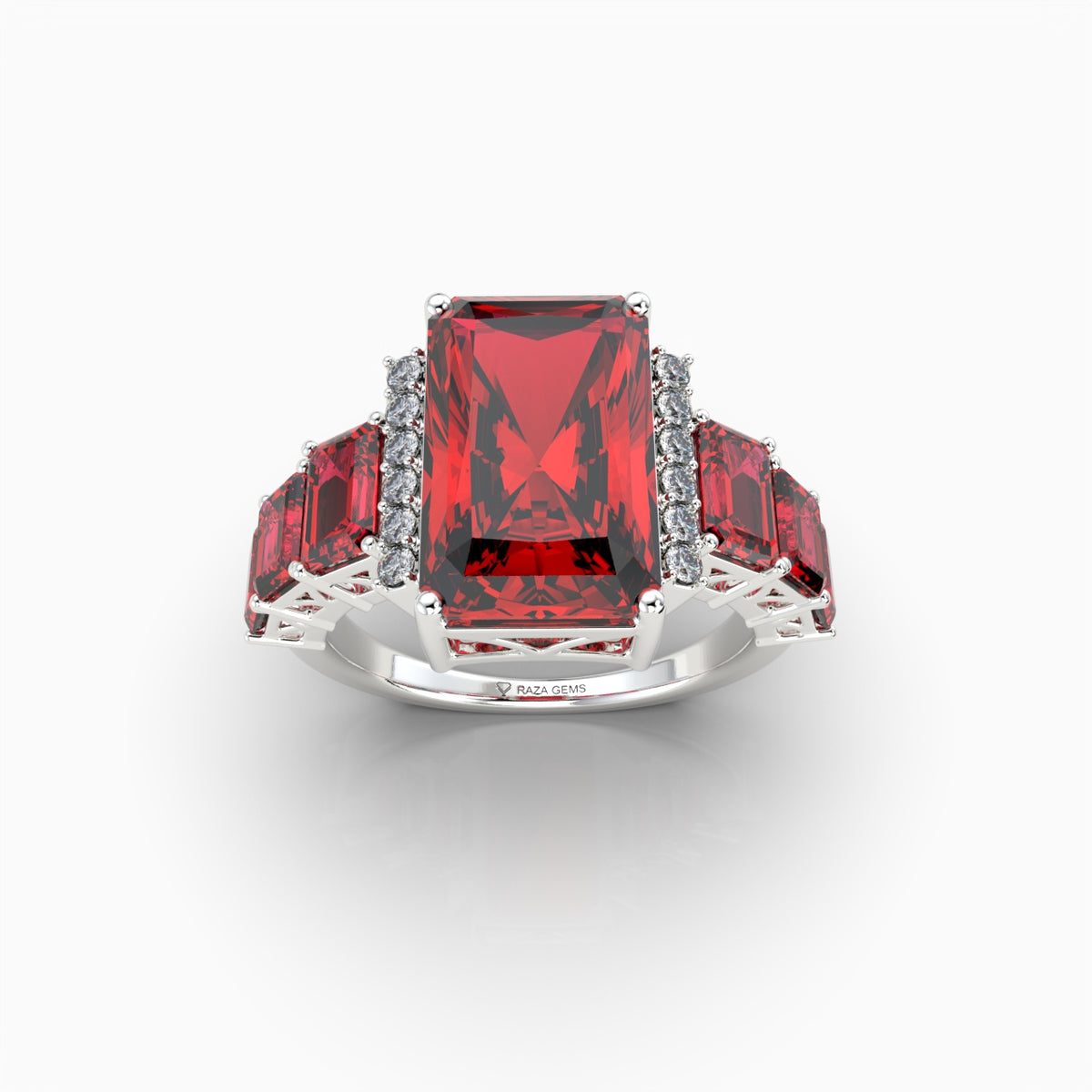 Emma  - Emerald Cut Ruby & Moissanite Graduated Statement Ring in 18K Gold