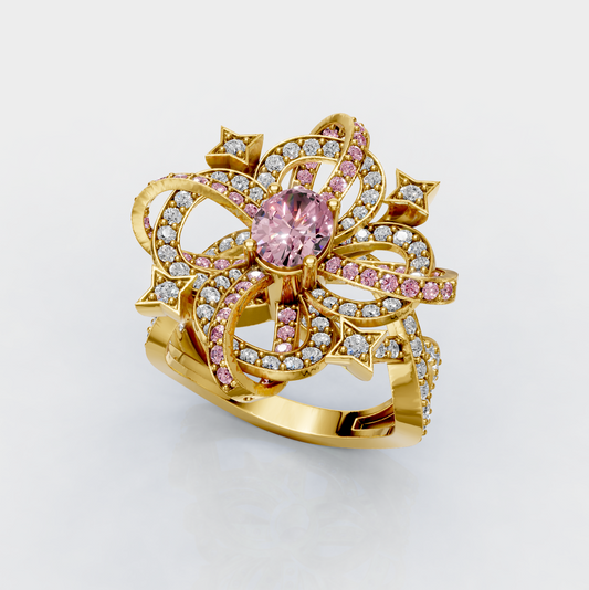 Isabella - Intricate Ribbon & Star Light Pink Spinel Statement Ring in 18K Gold