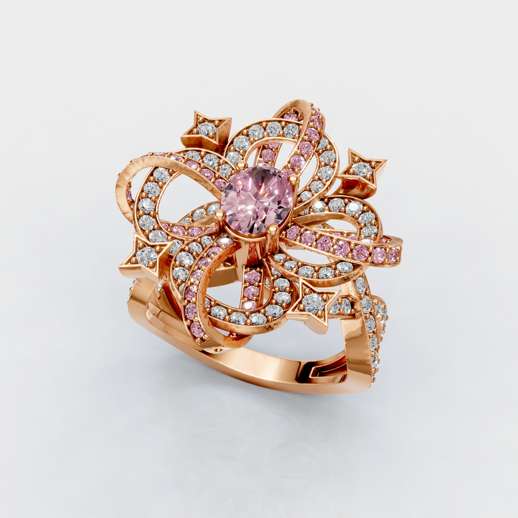 Isabella - Intricate Ribbon & Star Light Pink Spinel Statement Ring in 18K Gold