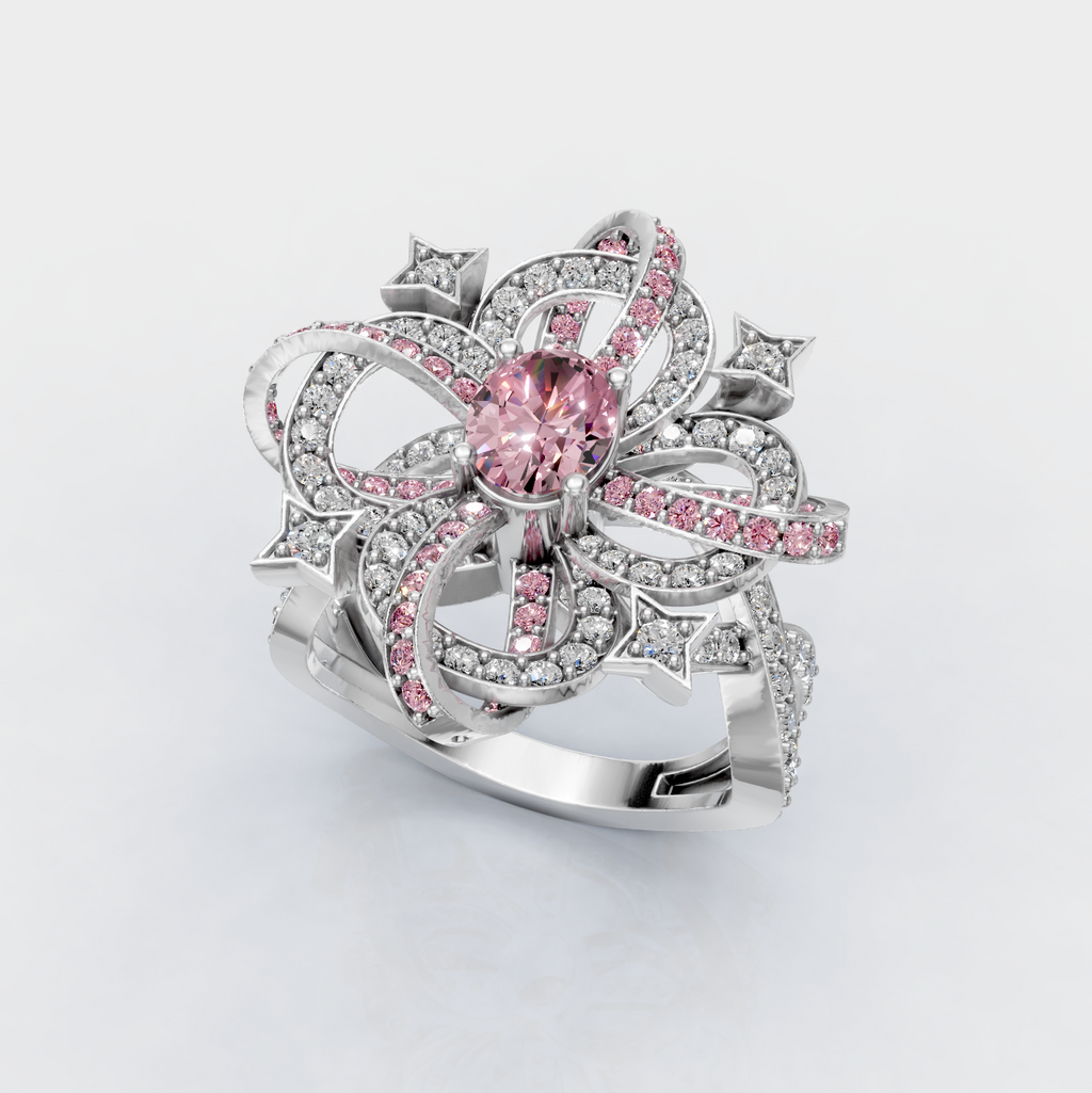 Isabella - Intricate Ribbon & Star Light Pink Spinel Statement Ring in 18K Gold