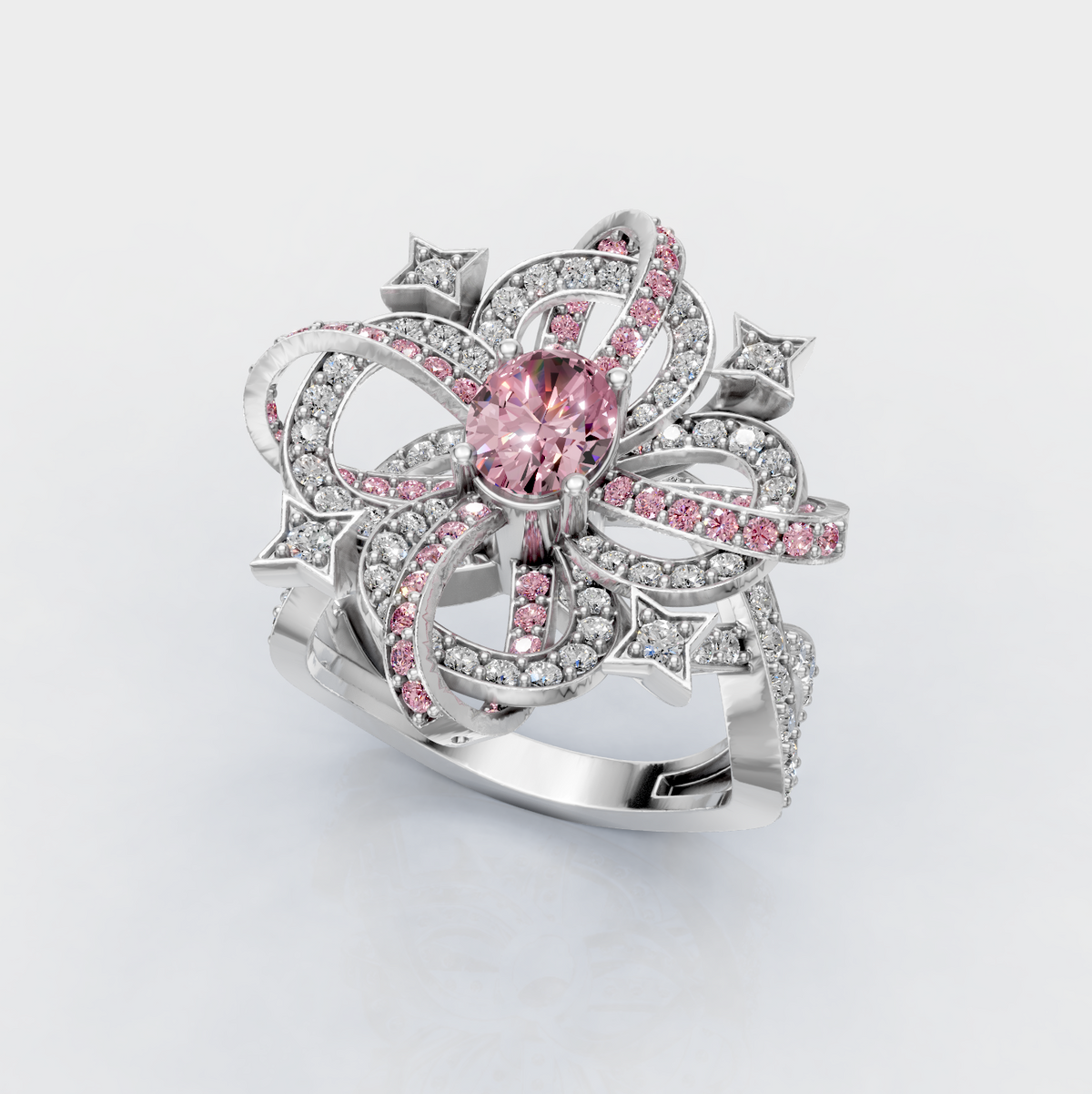 Isabella - Intricate Ribbon & Star Light Pink Spinel Statement Ring in 18K Gold