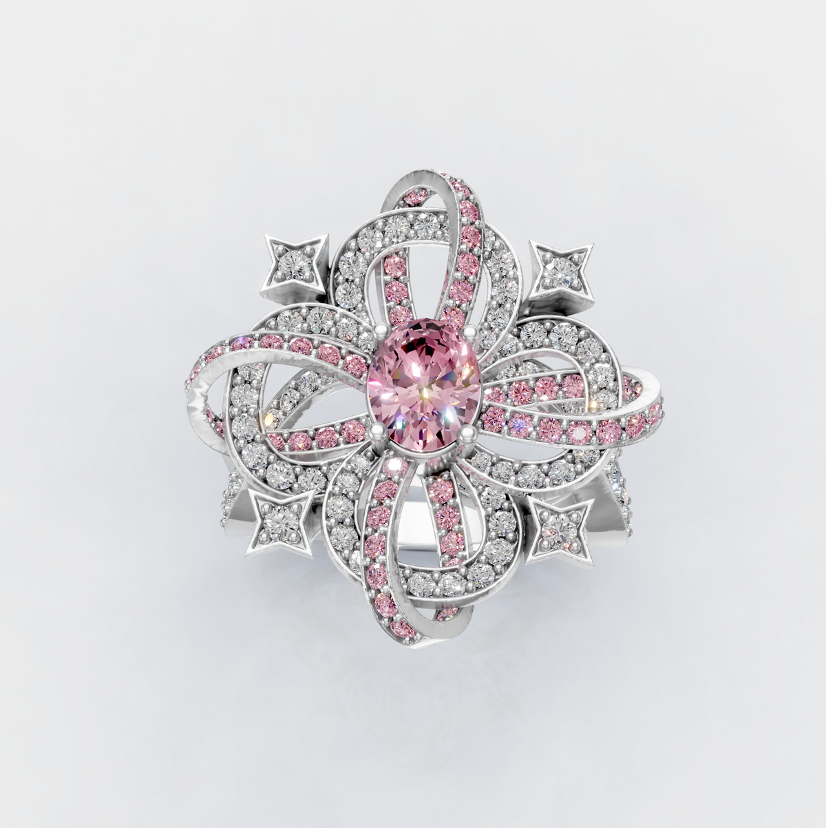Isabella - Intricate Ribbon & Star Light Pink Spinel Statement Ring in 18K Gold
