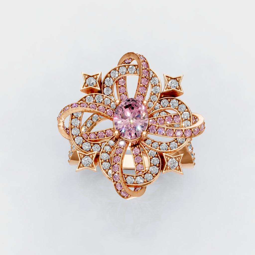Isabella - Intricate Ribbon & Star Light Pink Spinel Statement Ring in 18K Gold