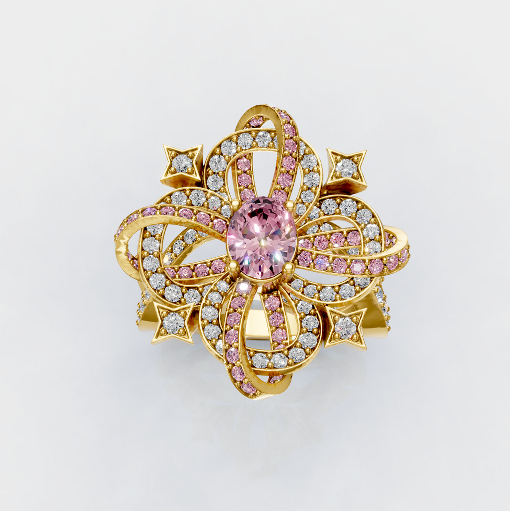 Isabella - Intricate Ribbon & Star Light Pink Spinel Statement Ring in 18K Gold