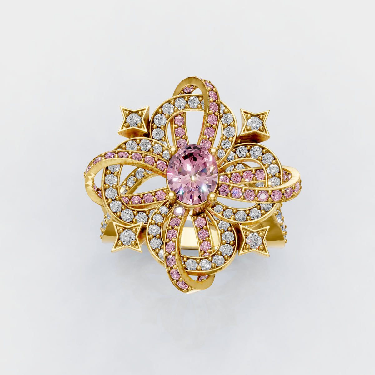 Isabella - Intricate Ribbon & Star Light Pink Spinel Statement Ring in 18K Gold